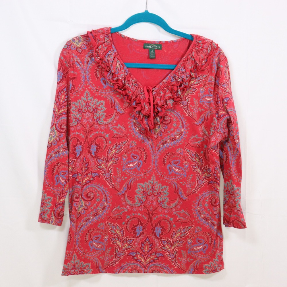 Lauren Jeans Co Ralph Lauren Paisley Ruffle Top L Red Womens Boho Casual